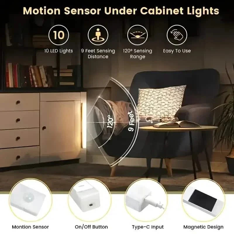 12-Pack: White LED Motion Sensor Cabinet Lights – Magnetic, USB Rechargeable, Detachable for Indoor Use