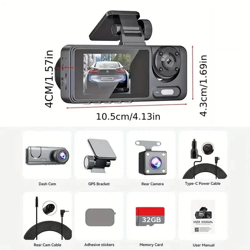 1080P Triple Dash Cam Front, Inside and Rear with 32GB Card, Night Vision, HDR & More