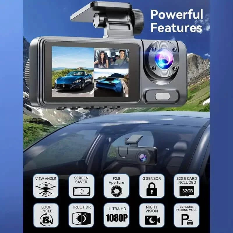 1080P Triple Dash Cam Front, Inside and Rear with 32GB Card, Night Vision, HDR & More