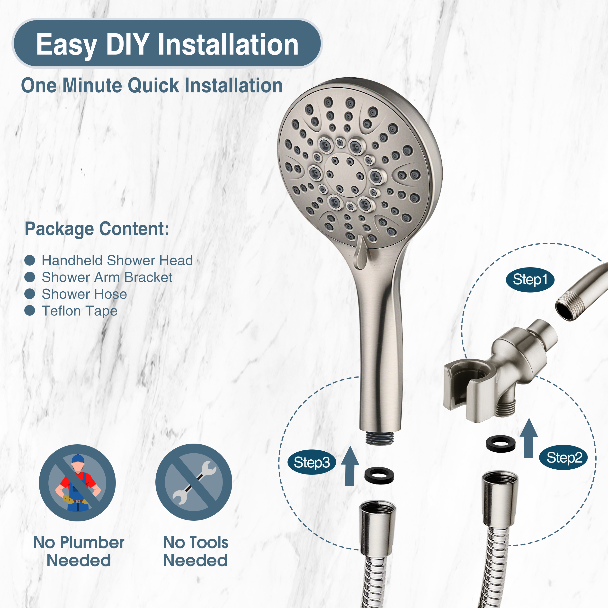 Handheld Shower Head, 9-Spray Showerhead with 69" Hose, Bracket