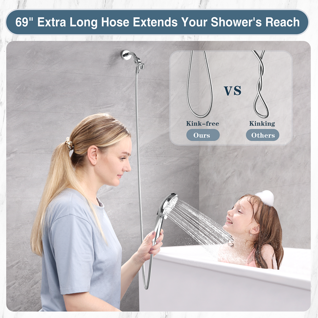 Handheld Shower Head, 9-Spray Showerhead with 69" Hose, Bracket