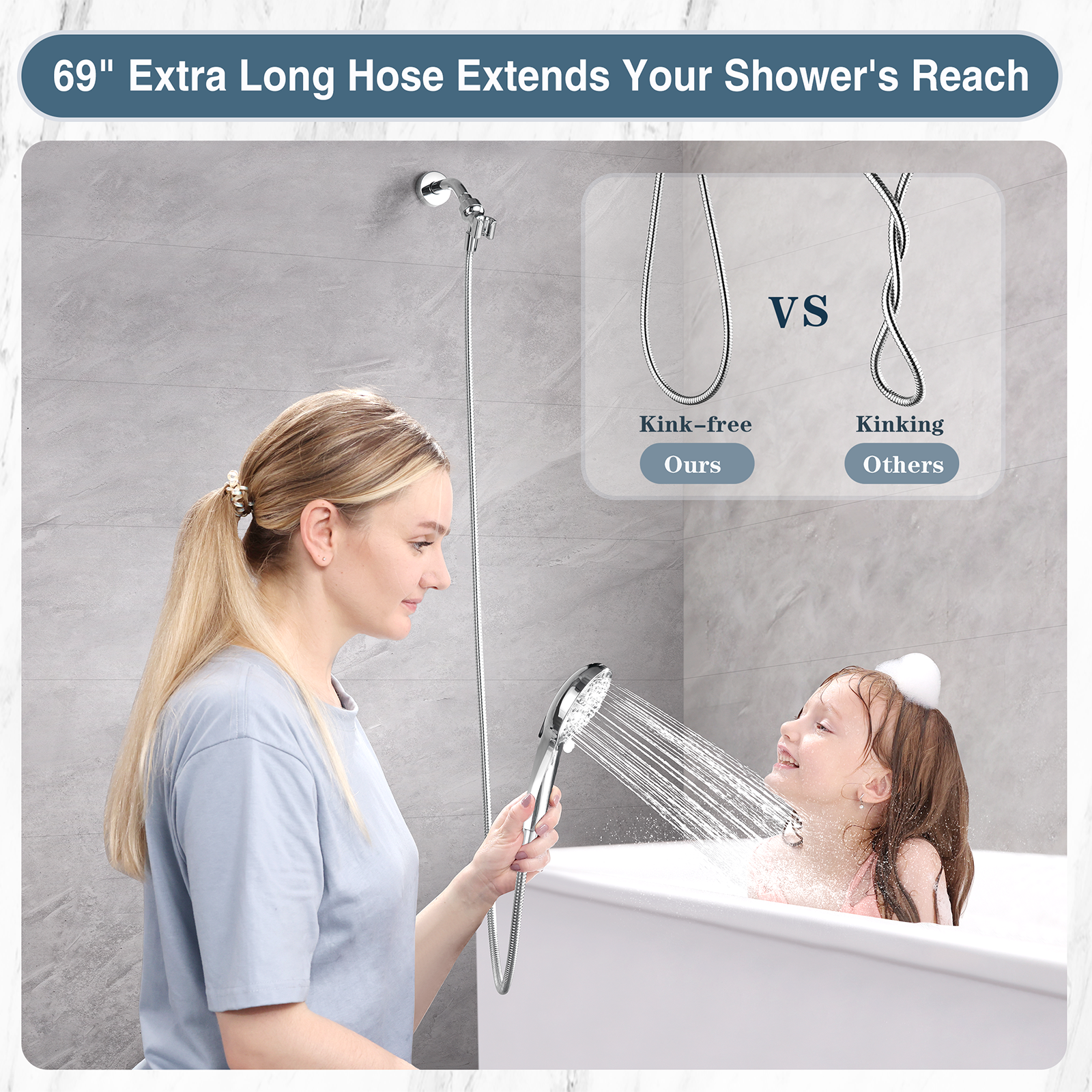 Handheld Shower Head, 9-Spray Showerhead with 69" Hose, Bracket