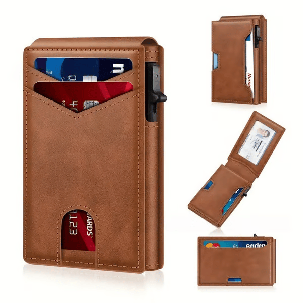 Premium Aluminum RFID Blocking Minimalist Wallet for Men – Pop-Up Quick Access Card Holder with ID Window