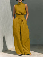 Women’s Cotton Linen Two-Piece Set – Sleeveless Top & Wide-Leg Pants
