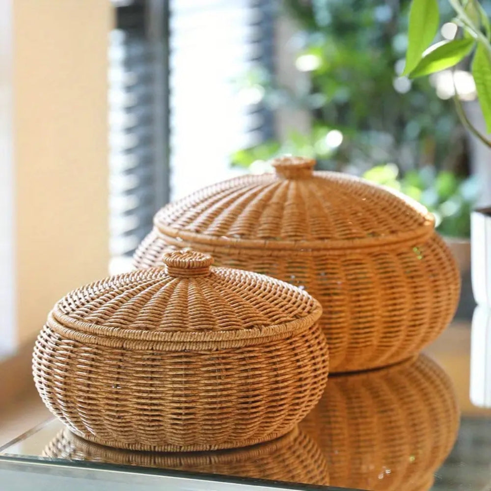 Woven Rattan Round Basket with Dome Lid