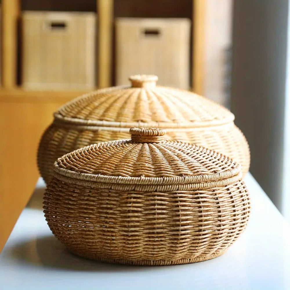 Woven Rattan Round Basket with Dome Lid