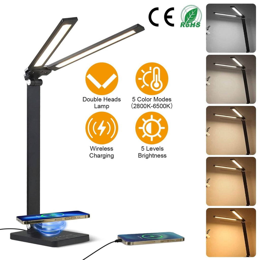 Double Head Desk Lamp with Wireless Charging USB Port