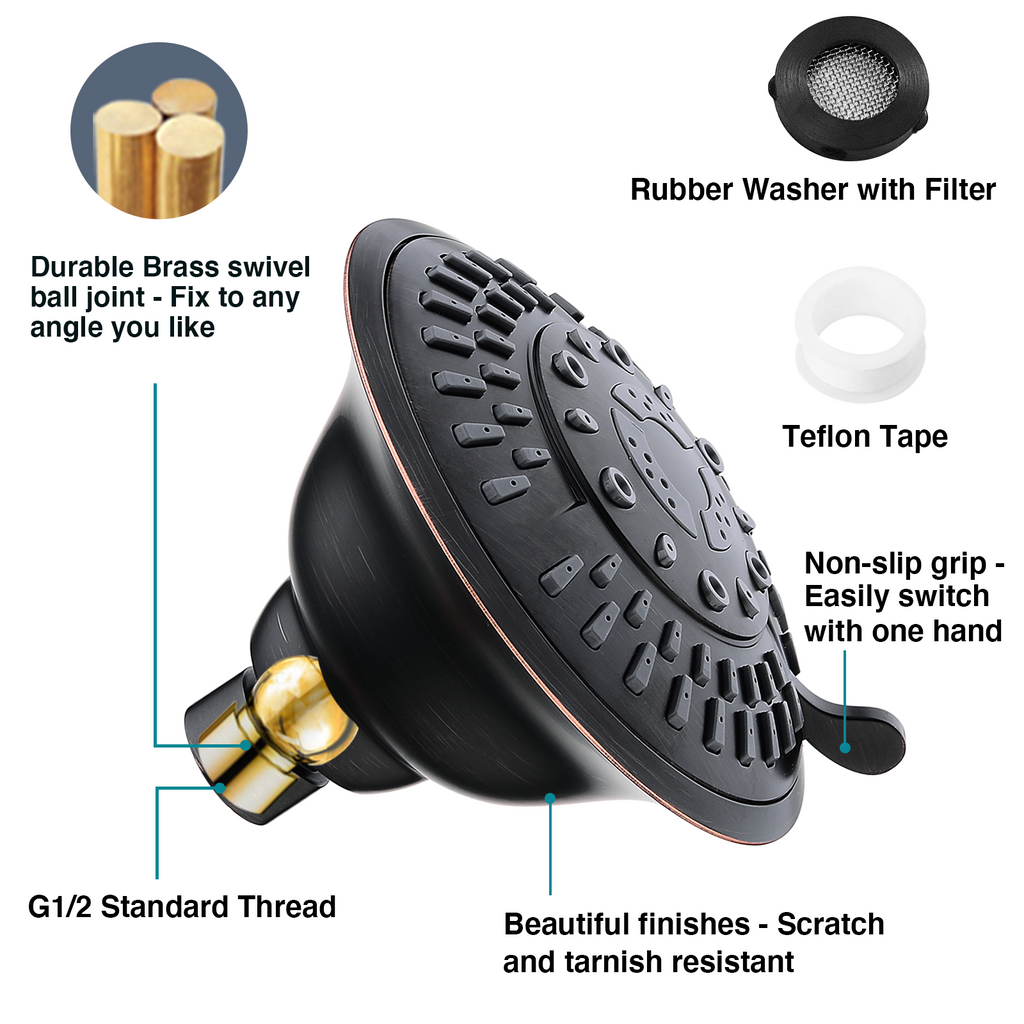 High Pressure 5-Spray Fixed Shower Head, Angle Adjustable