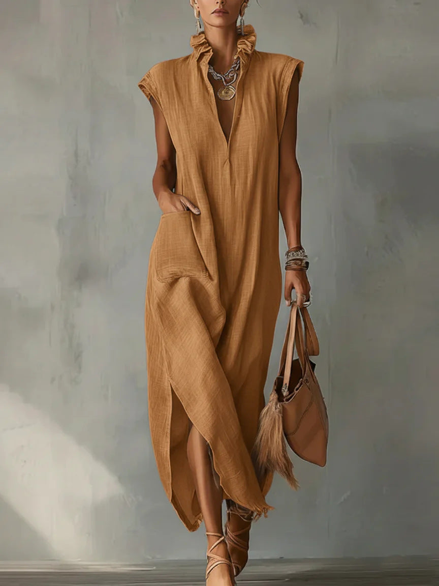 Women’s Cotton-Linen Sleeveless Solid-Color Shirt Dress