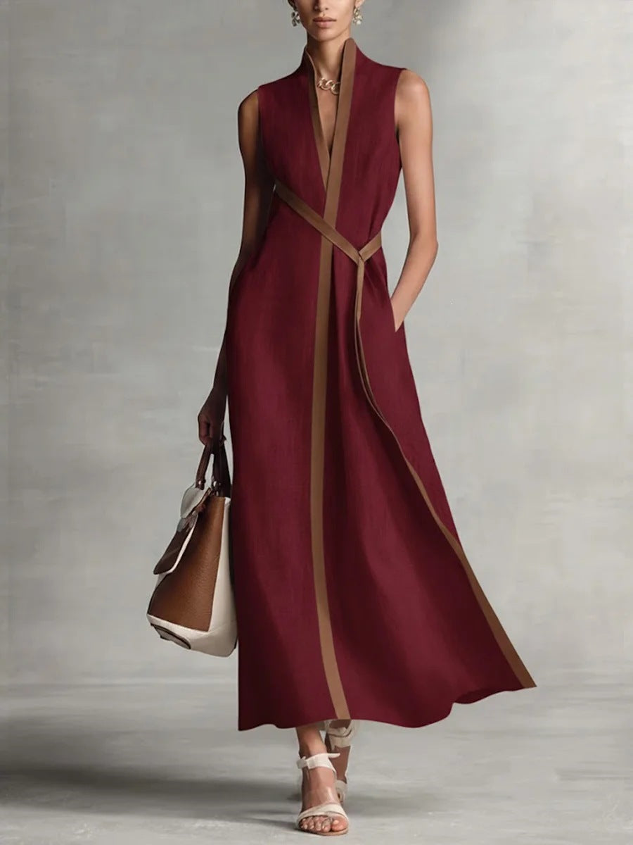 Women's Color Block Sleeveless Stand Collar Linen Blend Dress