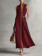 Women's Color Block Sleeveless Stand Collar Linen Blend Dress