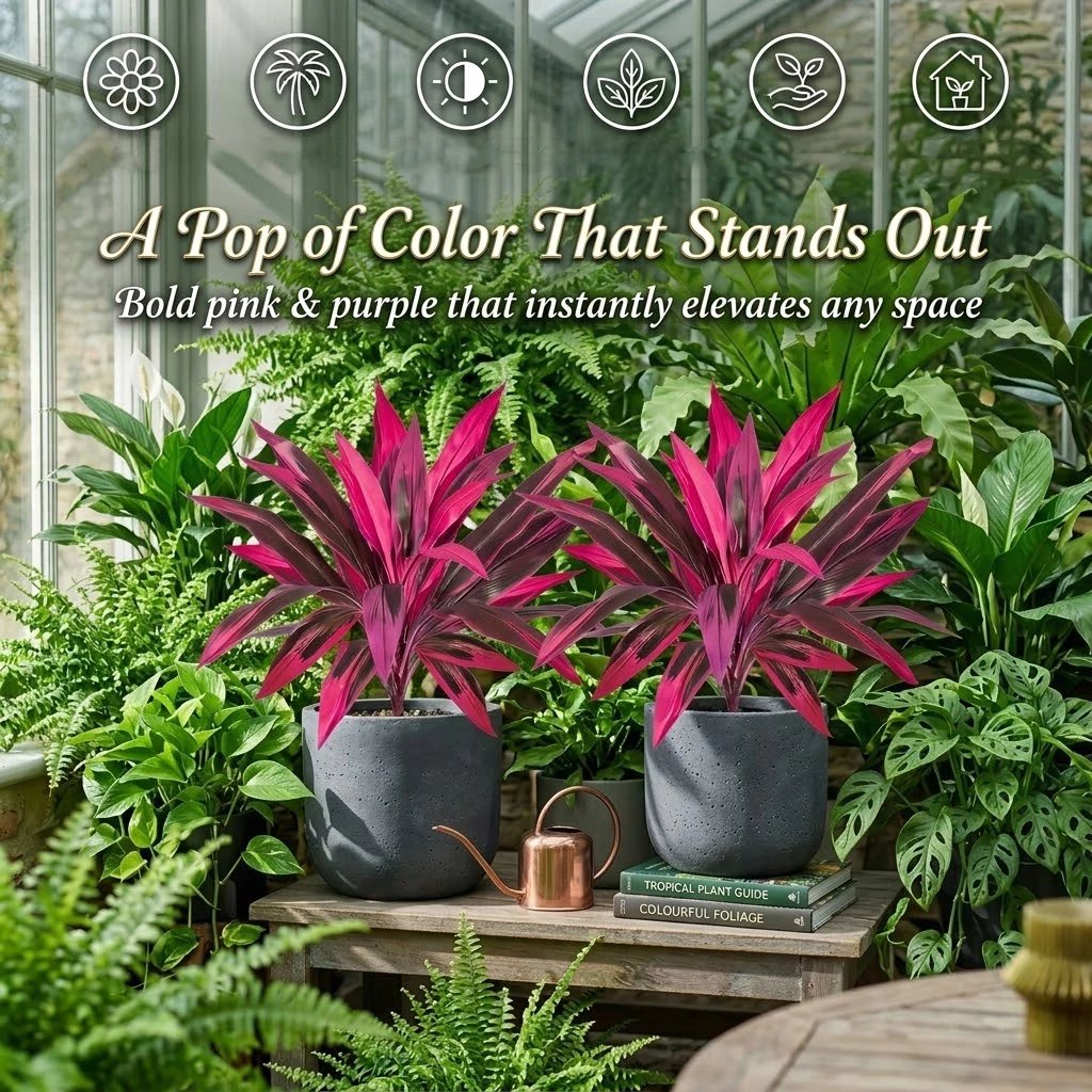 Vibrant Pink Purple Faux Boston Fern & Dragon's Blood Tree, Artificial Decorative Plants