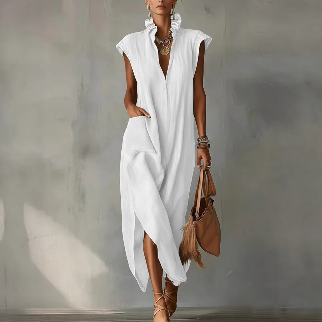 Women’s Cotton-Linen Sleeveless Solid-Color Shirt Dress