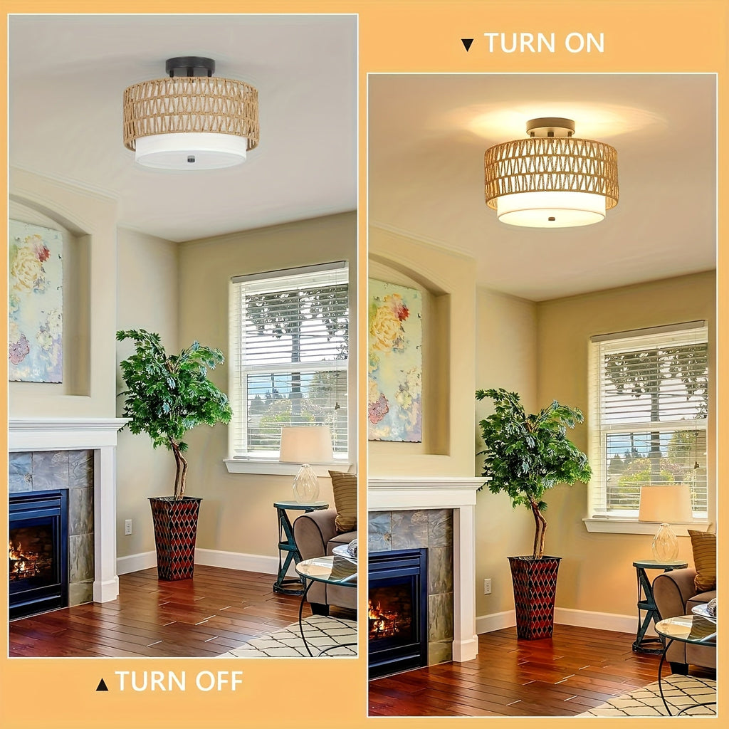 Boho Rattan Ceiling Light | Semi-Flush Mount with Linen Shade