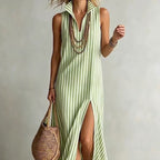 Striped Stand Collar Side-Slit Sleeveless Maxi Dress – A-Line Cami