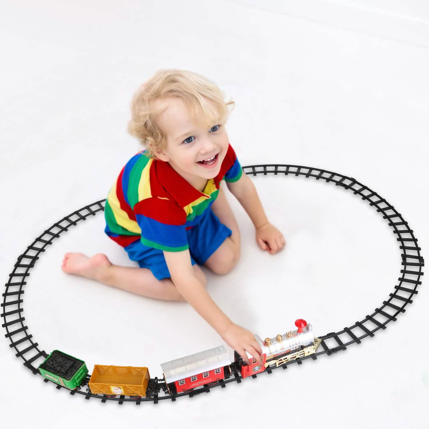 Electric Train Set Steam Locomotive Passenger Coach Coal with Sounds Light Railway
