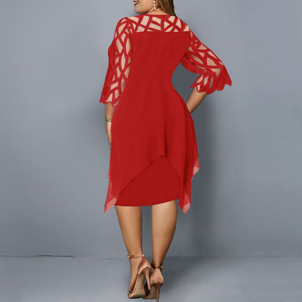 Plus-Size Midi Dress with Lace Sleeves for Autumn