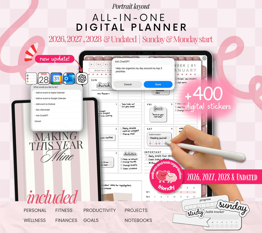 Portrait Digital Planner 2026 2027 2028 & Undated, Goodnotes Planner, Daily Planner, Weekly Planner, Notability Planner, iPad Planner