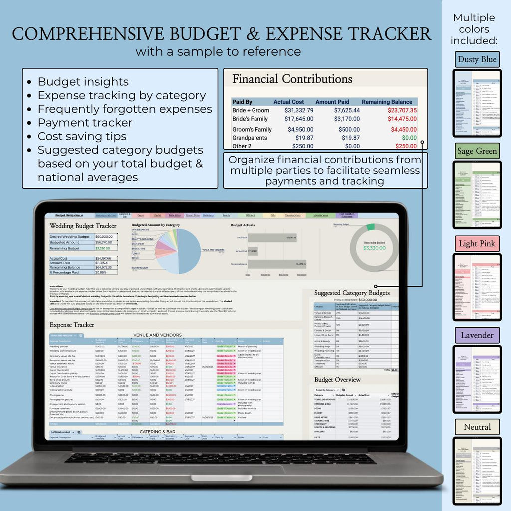 Wedding Planning Spreadsheet - Google Sheets Template | Budget Tracker, Checklist, Seating Chart, Timeline, Tips | Blue Digital Planner