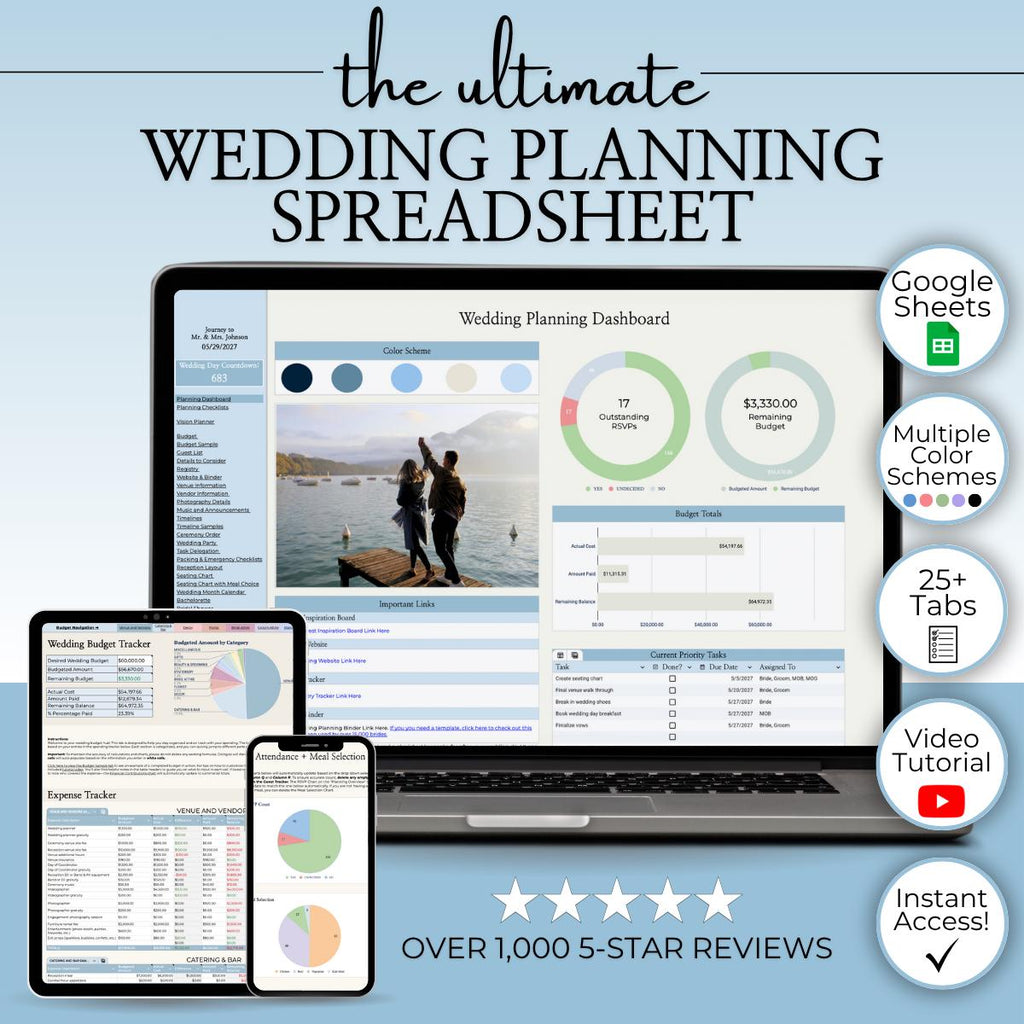 Wedding Planning Spreadsheet - Google Sheets Template | Budget Tracker, Checklist, Seating Chart, Timeline, Tips | Blue Digital Planner