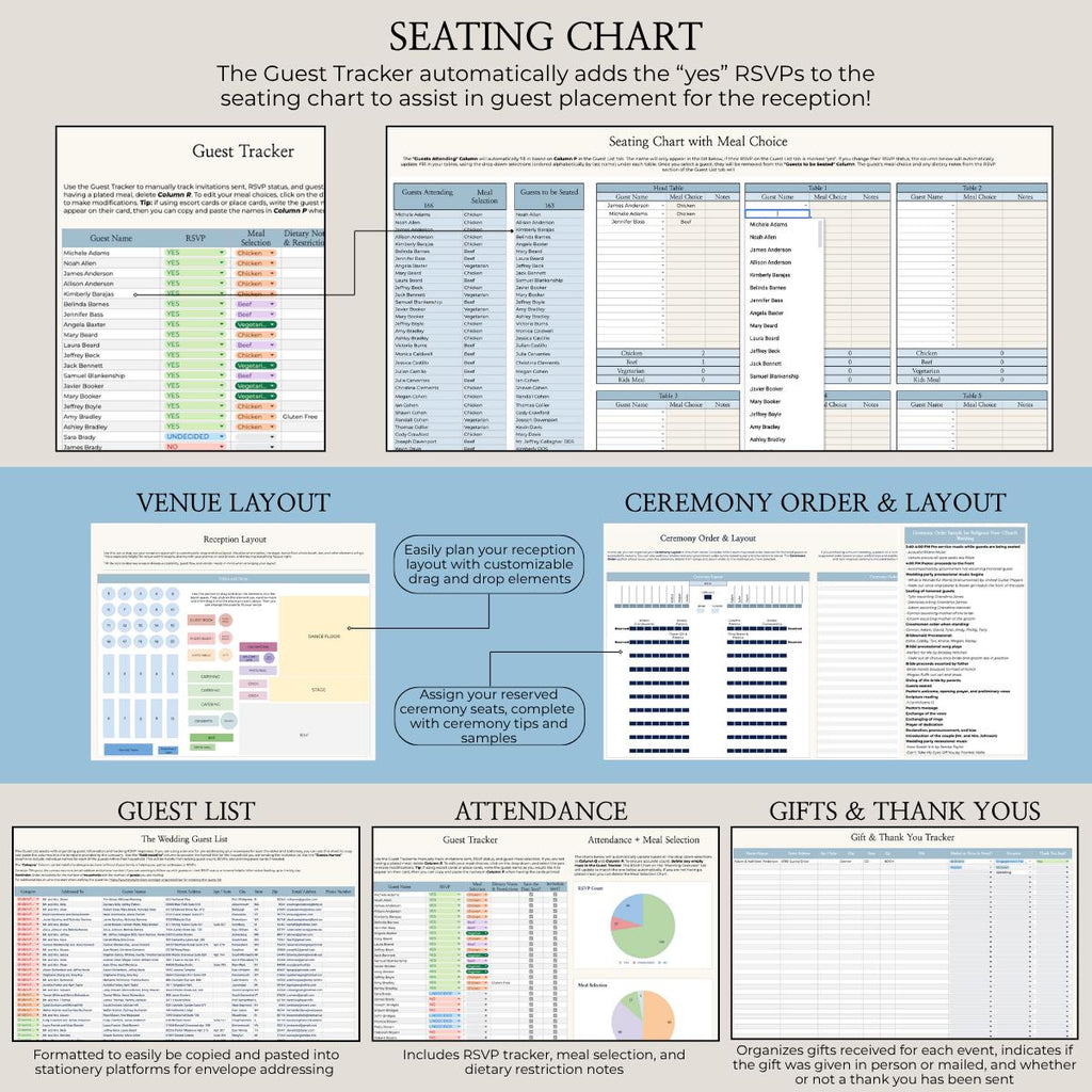 Wedding Planning Spreadsheet - Google Sheets Template | Budget Tracker, Checklist, Seating Chart, Timeline, Tips | Blue Digital Planner