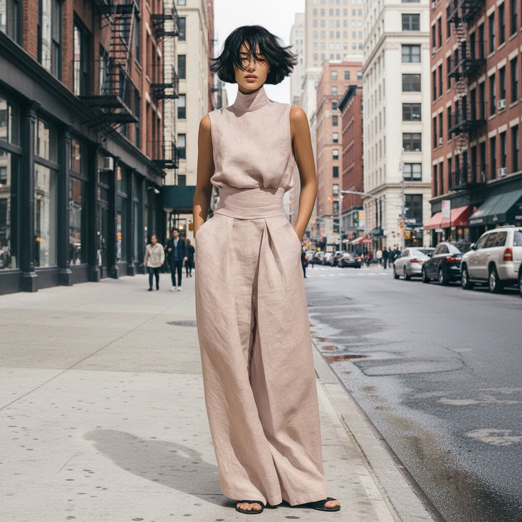 Women’s Cotton Linen Two-Piece Set – Sleeveless Top & Wide-Leg Pants