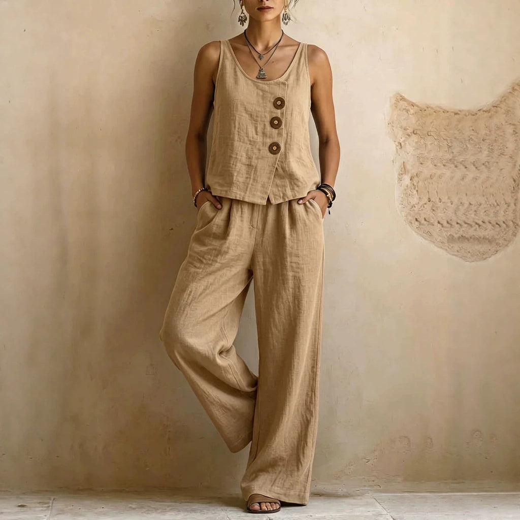 Women's Cotton Linen Sleeveless Tank Top & Pants Two-Piece Set