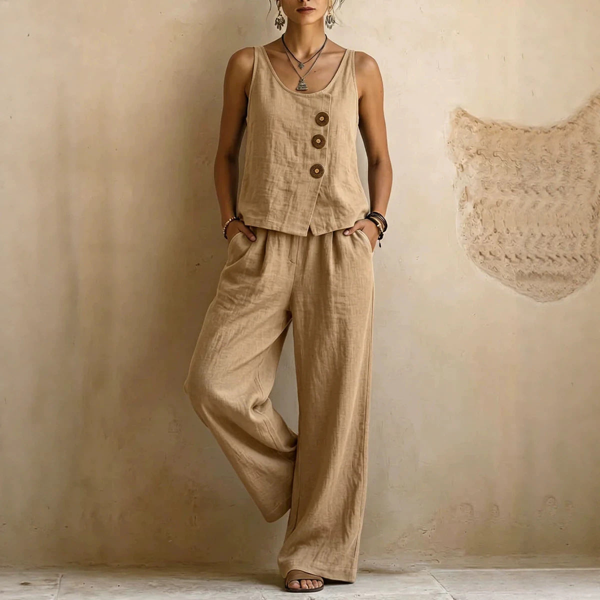 Women's Cotton Linen Sleeveless Tank Top & Pants Two-Piece Set
