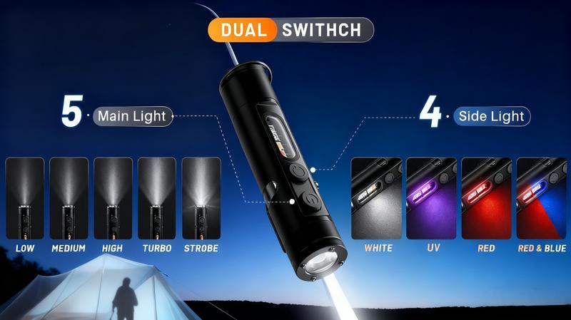 Pocket Rechargeable EDC Flashlight: Mini Keychain Light with Fire Starter & Window Breaker