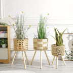 Bohemian Bamboo Woven Flower Stand | Handcrafted Rattan Planter with Wooden Legs