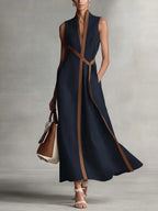 Women's Color Block Sleeveless Stand Collar Linen Blend Dress