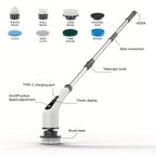 Electric Rotary Scrubber with Replaceable 8 Brush Heads and Adjustable Extension Handle