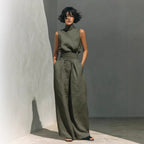 Women’s Cotton Linen Two-Piece Set – Sleeveless Top & Wide-Leg Pants