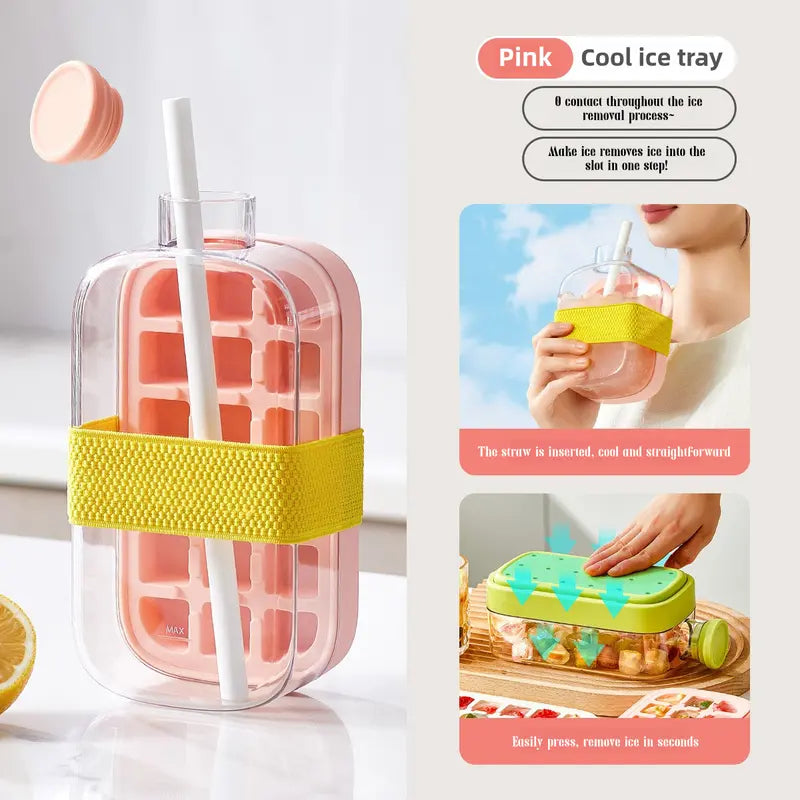 2-in-1 Silicone Ice Cube Bottle with Lid & Straw