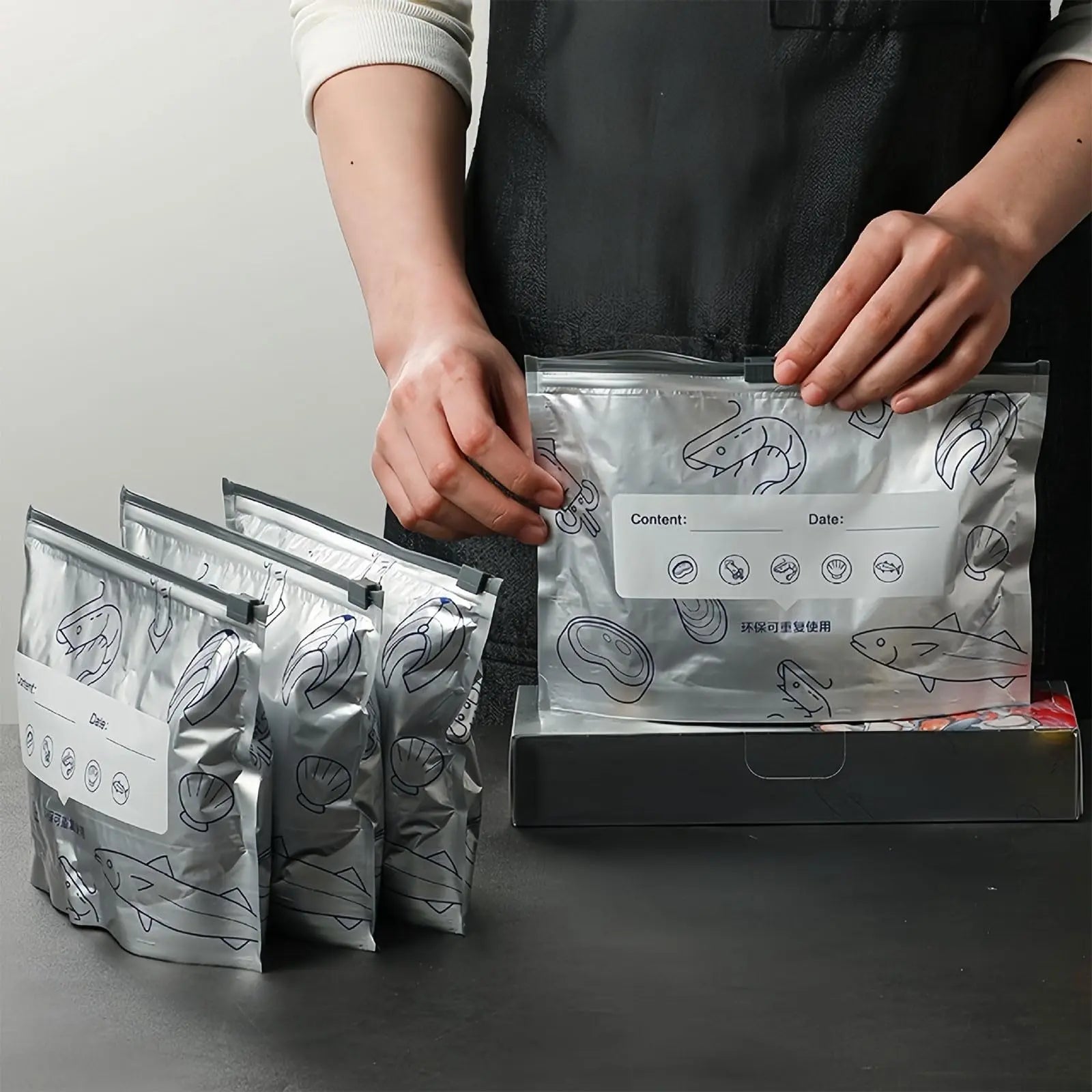 【Refrigerated Food】Reusable Aluminum Foil Sealable Storage Bags, 2026 New Resealable Vacuum Zipper Pouches for Food, Stand Up Foil Sealable Bags with Label and Zip Lock for Vegetable Fruit Meat