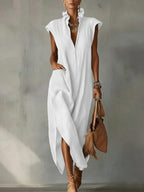 Women’s Cotton-Linen Sleeveless Solid-Color Shirt Dress