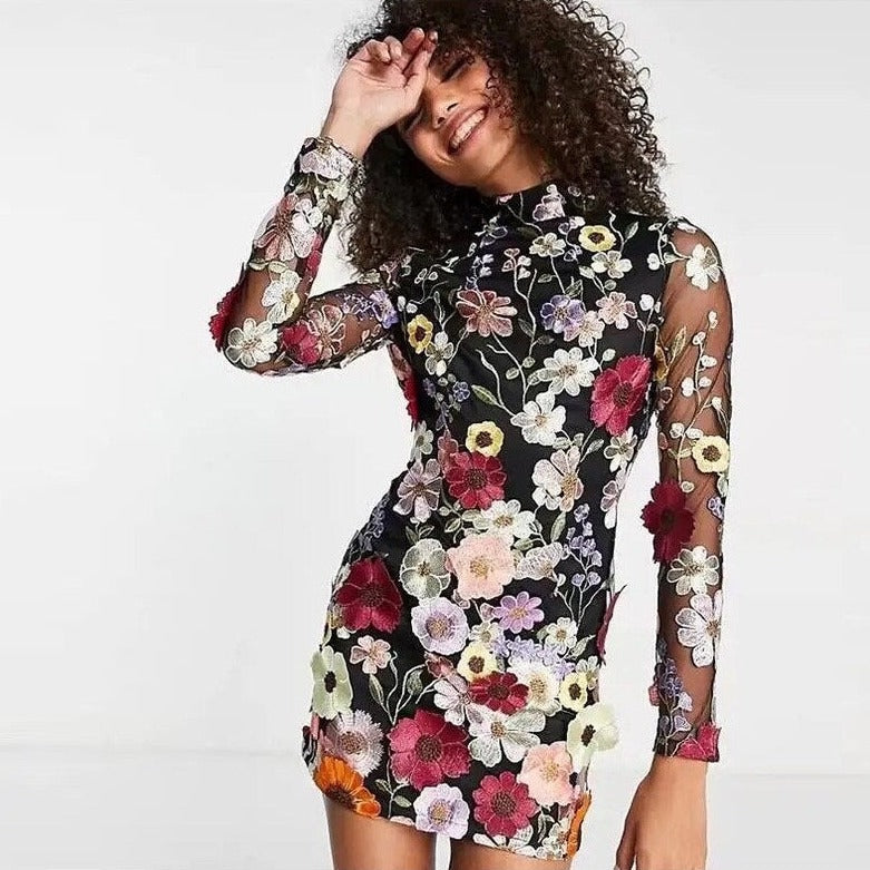 Women's Floral High Neck Long Sleeve Mini Dress