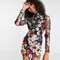 Women's Floral High Neck Long Sleeve Mini Dress