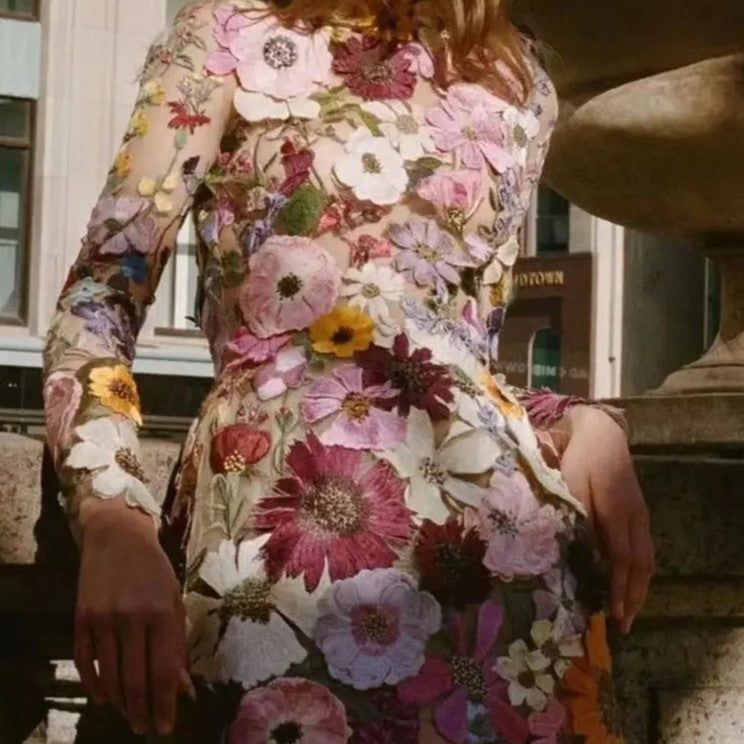 Women's Floral High Neck Long Sleeve Mini Dress