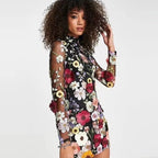 Women's Floral High Neck Long Sleeve Mini Dress