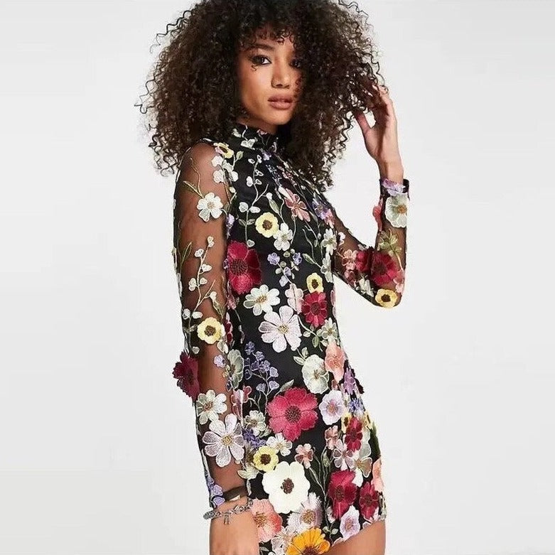 Women's Floral High Neck Long Sleeve Mini Dress