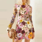 Women's Floral High Neck Long Sleeve Mini Dress