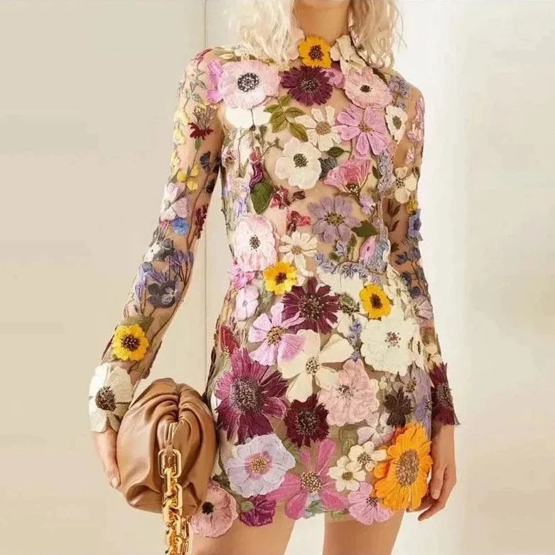 Women's Floral High Neck Long Sleeve Mini Dress