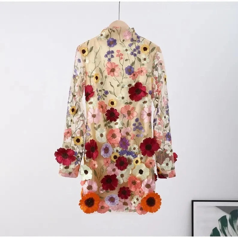 Women's Floral High Neck Long Sleeve Mini Dress