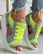 Contrast Paneled Cutout Lace-up Muffin Sandals