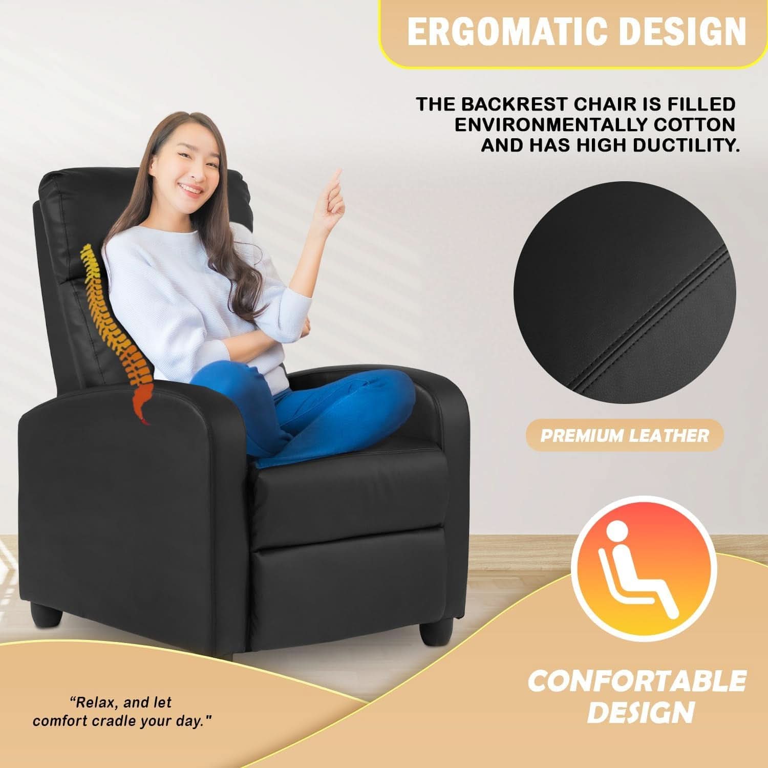 Black Leather Recliner Chair With Lumbar Support For Living Room