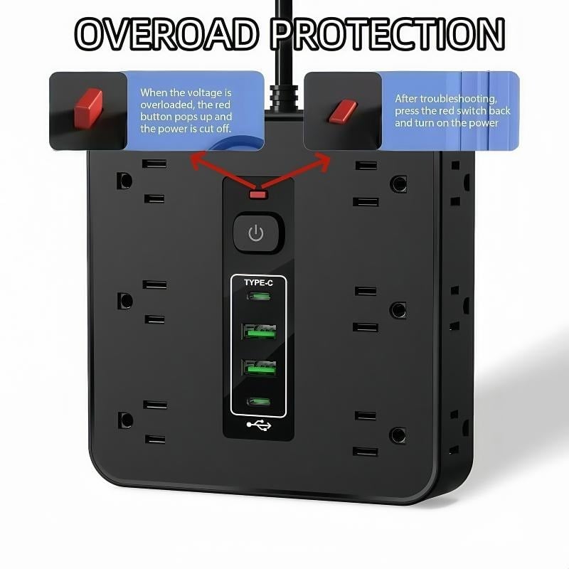 16-in-1 Power Strip with Switch & Surge Protection,ETL Listed Fireproof Power Strip