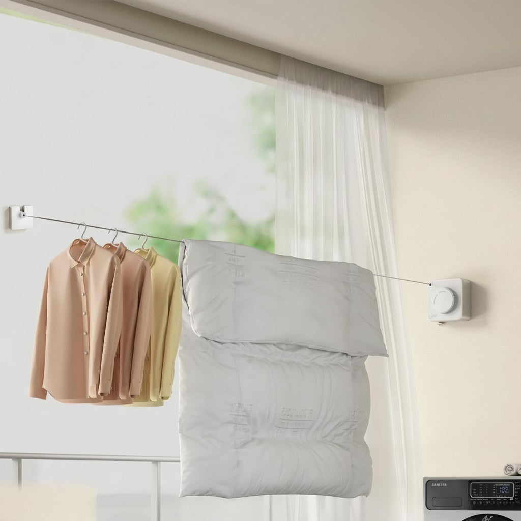 Retractable Wall-Mount Clothesline with Anti-Sag