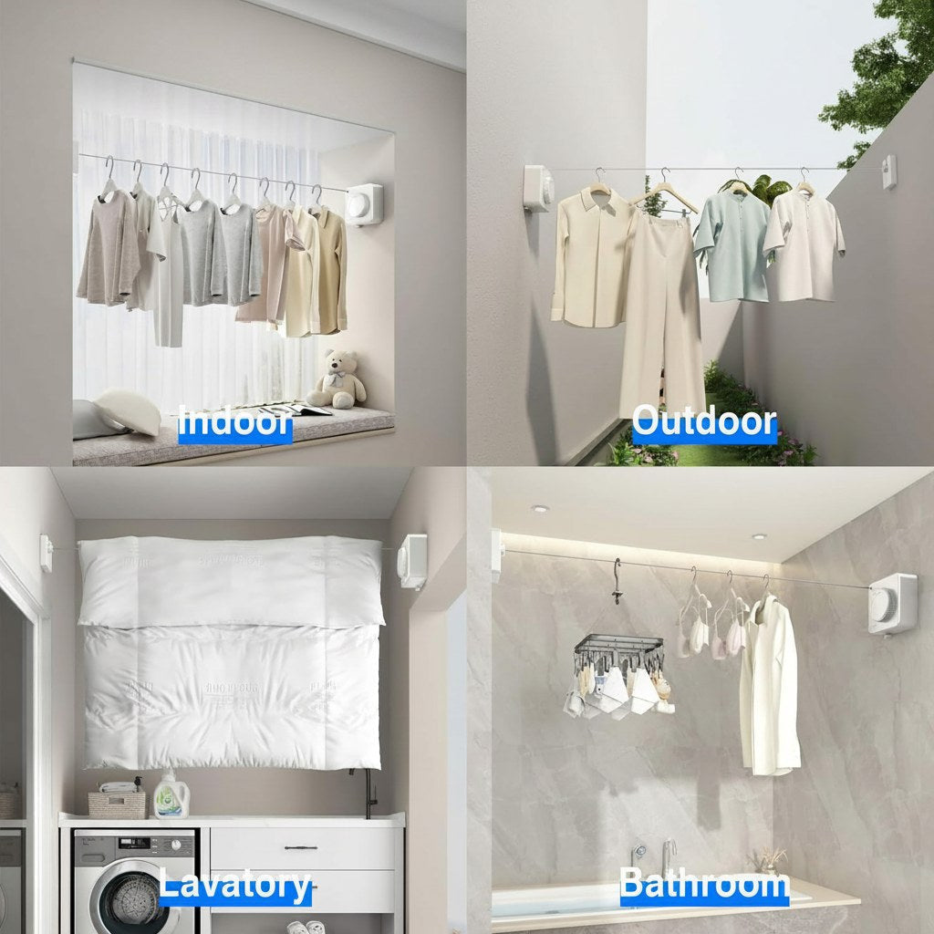 Retractable Wall-Mount Clothesline with Anti-Sag