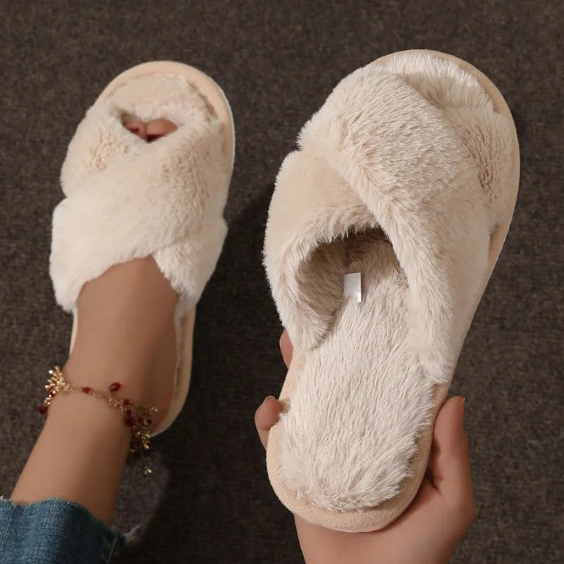 Plush Crossband Slippers with Cushioned Sole and Anti-Slip Base